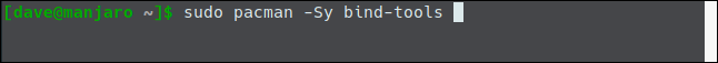 O comando "sudo pacman -Sy bind-tools" em uma janela de terminal.