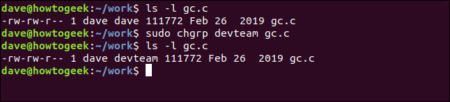 sudo chgrp devteam gc.c em uma janela de terminal