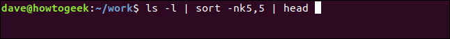 ls -l |  sort -nk5,5 |  cabeça em uma janela de terminal