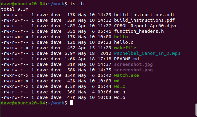 ls -hl em uma janela de terminal.