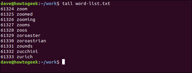 cauda word-list.txt em uma janela de terminal