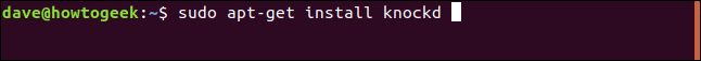 Comando "sudo apt-get install knockd" em uma janela de terminal.