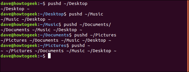 Os comandos "pushd ~ / Desktop," "pushd ~ / Music," "pushd ~ / Documents," "pushd ~ / Pictures," e "pushd ~" em uma janela de terminal.