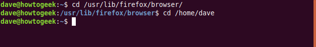Os comandos "cd / usr / lib / firefox / browser /" e "cd / home / dave" em uma janela de terminal.