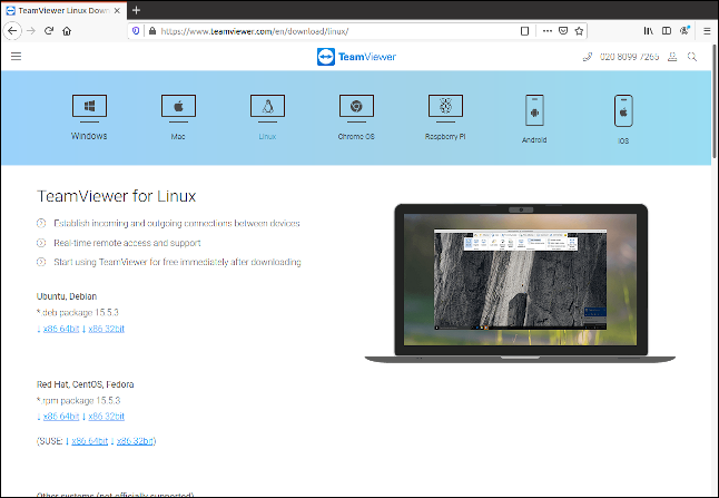 Página de download do TeamViewer Linux.