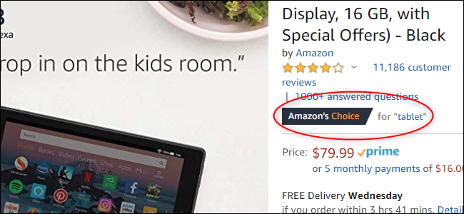 Uma captura de tela da página Amazon Kindle.  O Kindle é a escolha da Amazon para o termo de pesquisa "tablet".