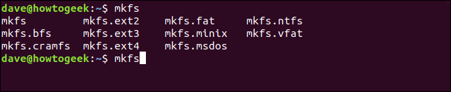 Lista de sistemas de arquivos suportados em uma janela de terminal