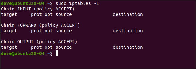 sudo iptables -L em uma janela de terminal.