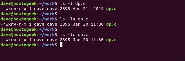 Os comandos "ls -l dp.c" em uma janela de terminal.