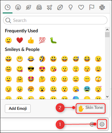 O painel de emoji com a opção "Tom de pele" destacada