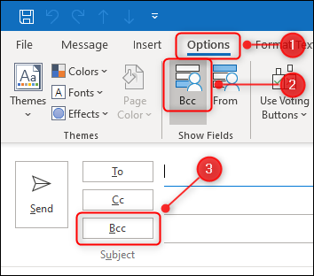 Botão de alternância "BCC" do Outlook.