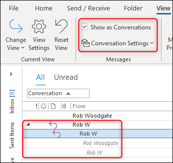 A "Visualização de conversas" do Outlook funcionando corretamente