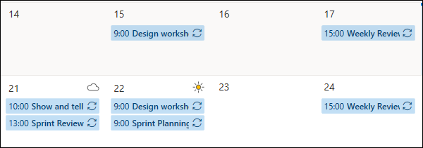 Compromissos do calendário na cor azul padrão.