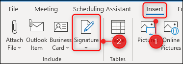 Escolhendo Inserir> Assinatura na Faixa de Opções do Outlook