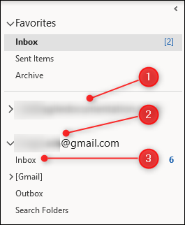 A segunda conta de e-mail na conta principal no painel de navegação do Outlook.  Clique na caixa de entrada na segunda conta.