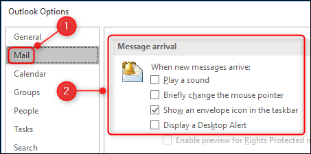 As configurações de "Chegada da mensagem" no painel Opções.