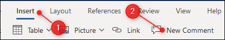 A opção "Novo comentário" no menu Inserir.