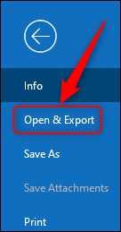 Opção "Abrir e exportar" do Outlook.