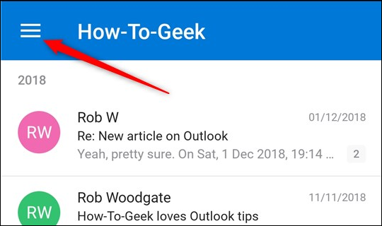 O ícone de hambúrguer no aplicativo de e-mail do Outlook