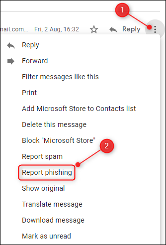 Clique nos três pontos e selecione "Denunciar phishing".