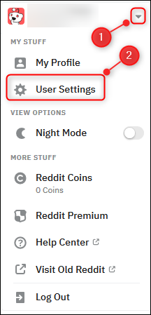 Menu do usuário do Reddit com a opção "Configurações do usuário" destacada.