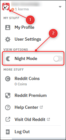 Clique no avatar do seu perfil no canto superior direito da página e selecione o botão de alternância "Modo noturno".