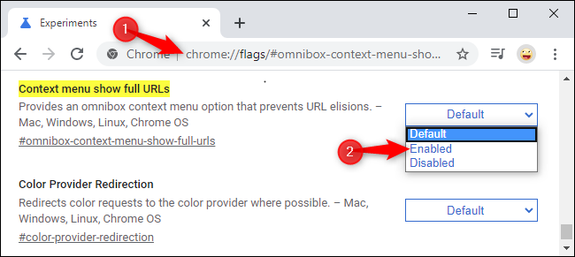 O sinalizador "Menu de contexto mostrar URLs completos" no Chrome