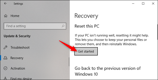 O botão "Primeiros passos" em Redefinir este PC no aplicativo Configurações do Windows 10.