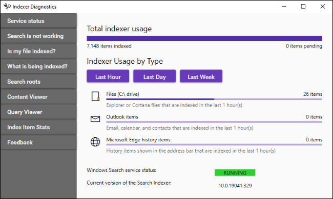 O painel Status do serviço no Indexer Diagnostics.