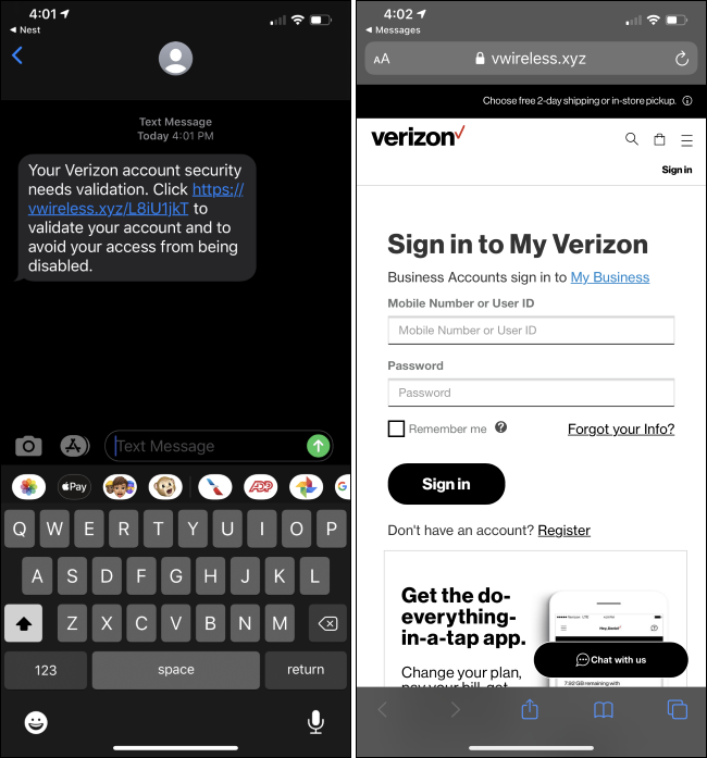 Um esquema de phishing de SMS da Verizon em um iPhone.