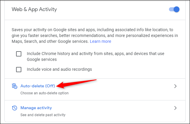 Ativando "Exclusão automática" para Atividade da Web e de apps em uma conta do Google.
