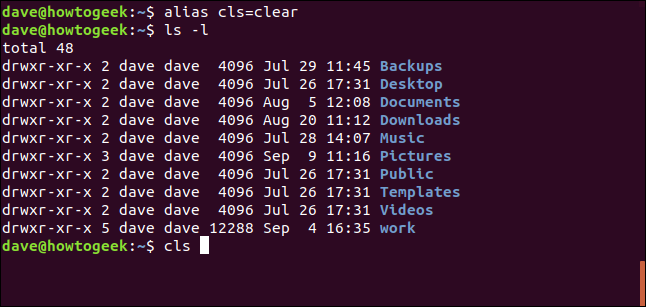 alias cls = clear em uma janela de terminal