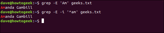 Os comandos "grep -E 'Am' geeks.txt" e "grep -E -i '^ am' geeks.txt" em uma janela de terminal.