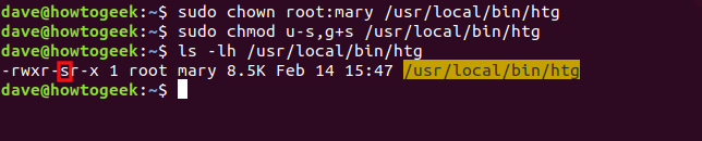 Os comandos "sudo chown root: mary / usr / local / bin / htg," "sudo chmod us, g + s / usr / local / bin / htg" e "ls -lh / usr / local / bin / htg" em uma janela de terminal.