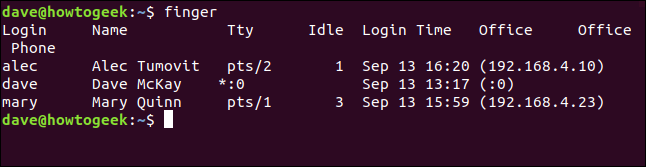 comando de dedo e saída em uma janela de terminal