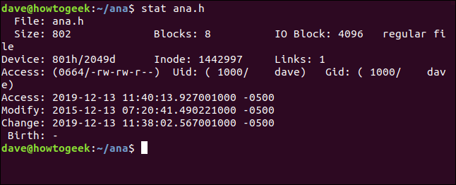 stat ana.h em uma janela de terminal