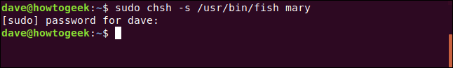 sudo chsh -s / usr / bin / fish mary em uma janela de terminal.