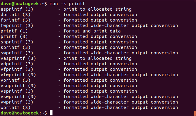 O comando "man -k printf" em uma janela de terminal.