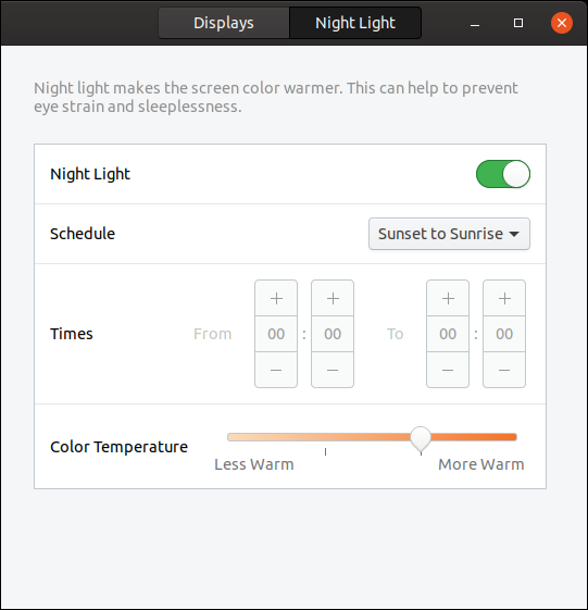 Aba Night Light na janela de configurações