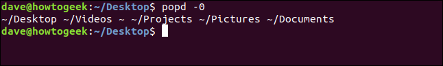 O comando "popd -0" em uma janela de terminal.