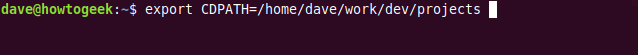 O comando "export CDPATH = / home / dave / work / dev / projects" em uma janela de terminal.
