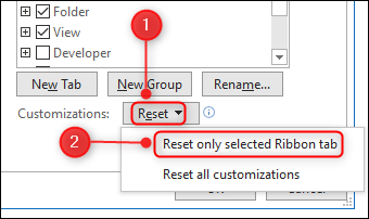 A opção de menu "Redefinir apenas a guia da faixa de opções selecionada".
