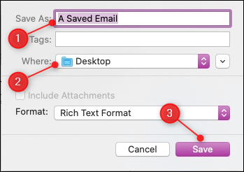 Caixa de diálogo "Salvar como" do Apple Mail com o nome do arquivo, localização e botão Salvar destacados.