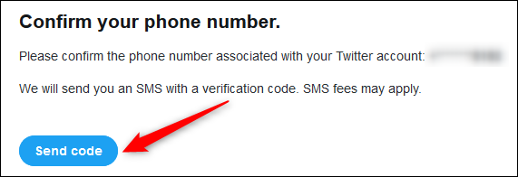 O botão "Enviar código" do Twitter para enviar uma mensagem SMS.
