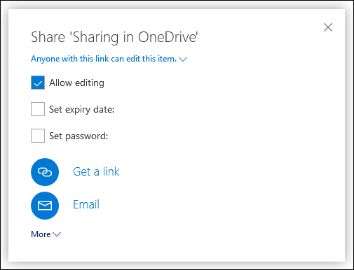 As opções de compartilhamento no OneDrive