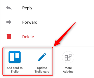 O aplicativo móvel Outlook, com o suplemento Trello realçado.