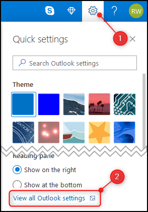 O painel "Configurações rápidas" do Outlook com a opção "Exibir todas as configurações do Outlook" destacada