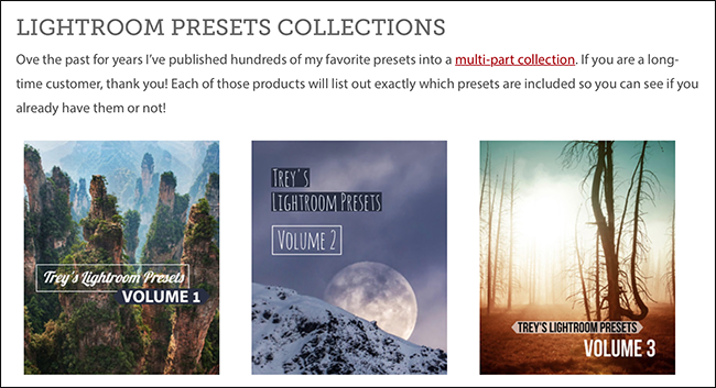 Página da web de Trey Ratcliff com coleções de predefinições