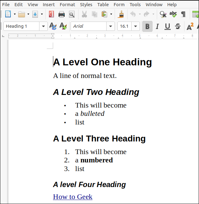 Um documento ODT renderizado a partir do markdown e aberto no LibreOffice Writer.