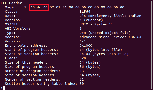 Saída de readelf -hello em uma janela de terminal.